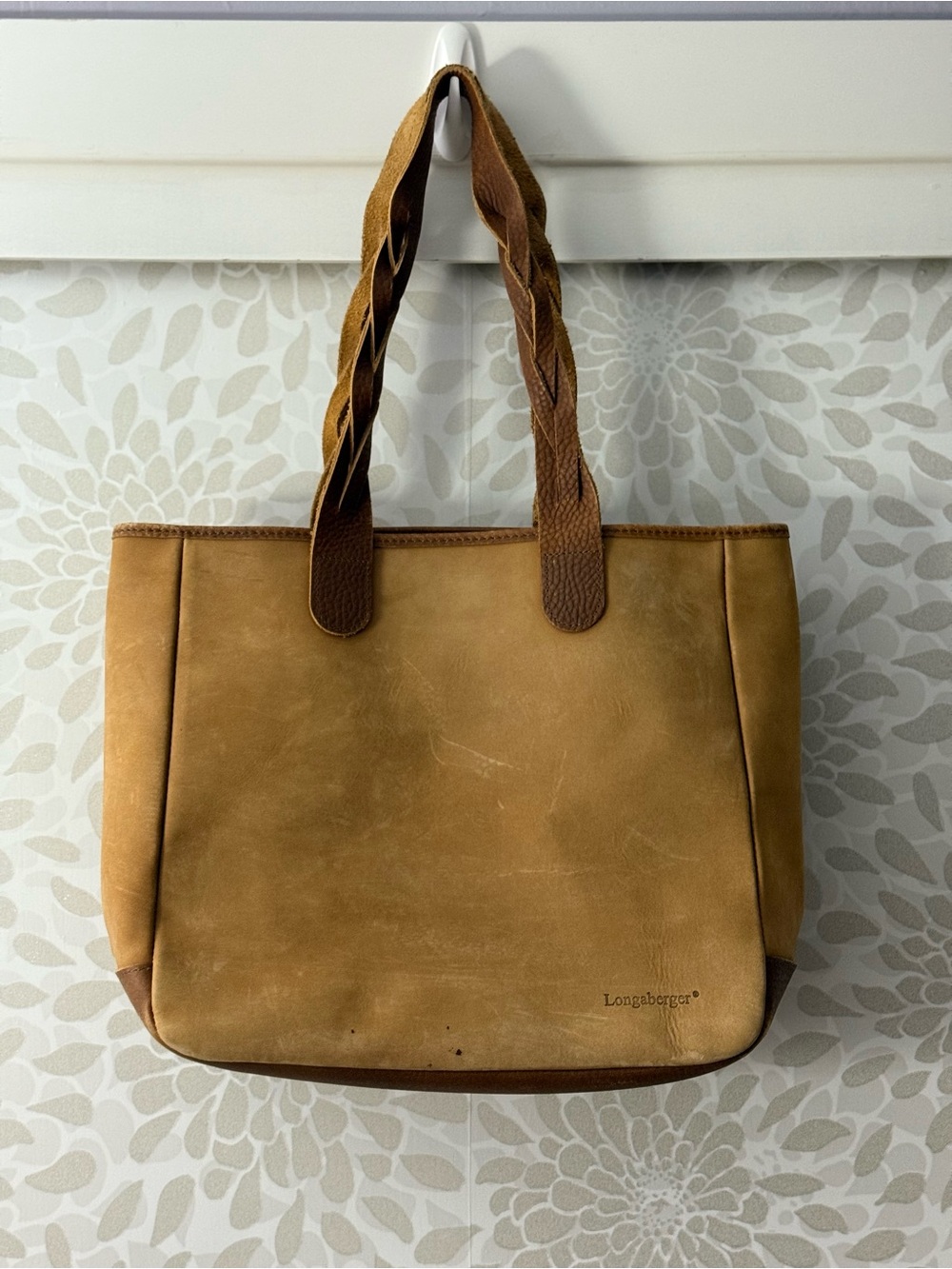 Vintage Vtg Longaberger Brown Suede Leather Braided Strap Tote Bag Purse